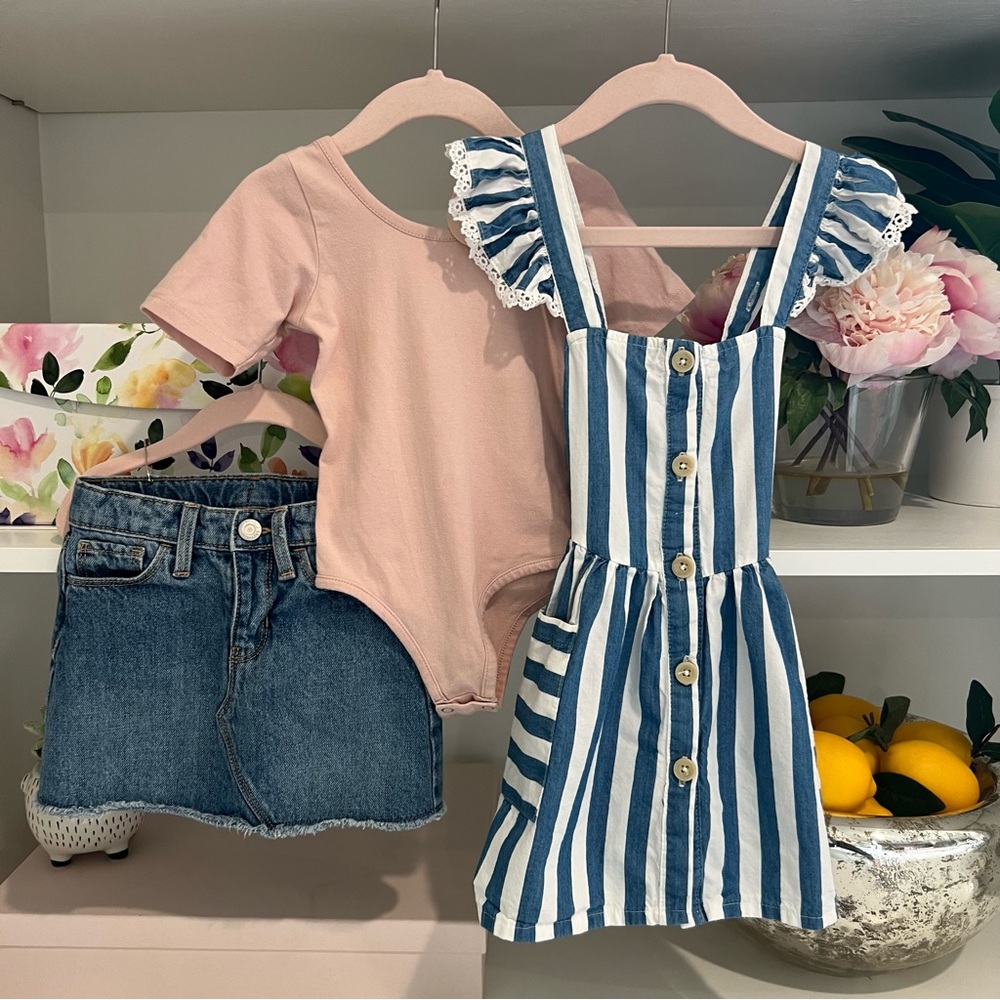 Girls size 3T Blue & White Striped Dress and Pink Bodysuit and Denim Skirt